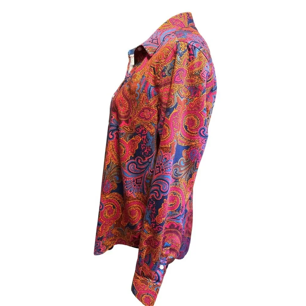 Vintage Paisley Button-Up Shirt With Vibrant Pink & Blue Design Long Sleeves Col - Picture 2 of 7